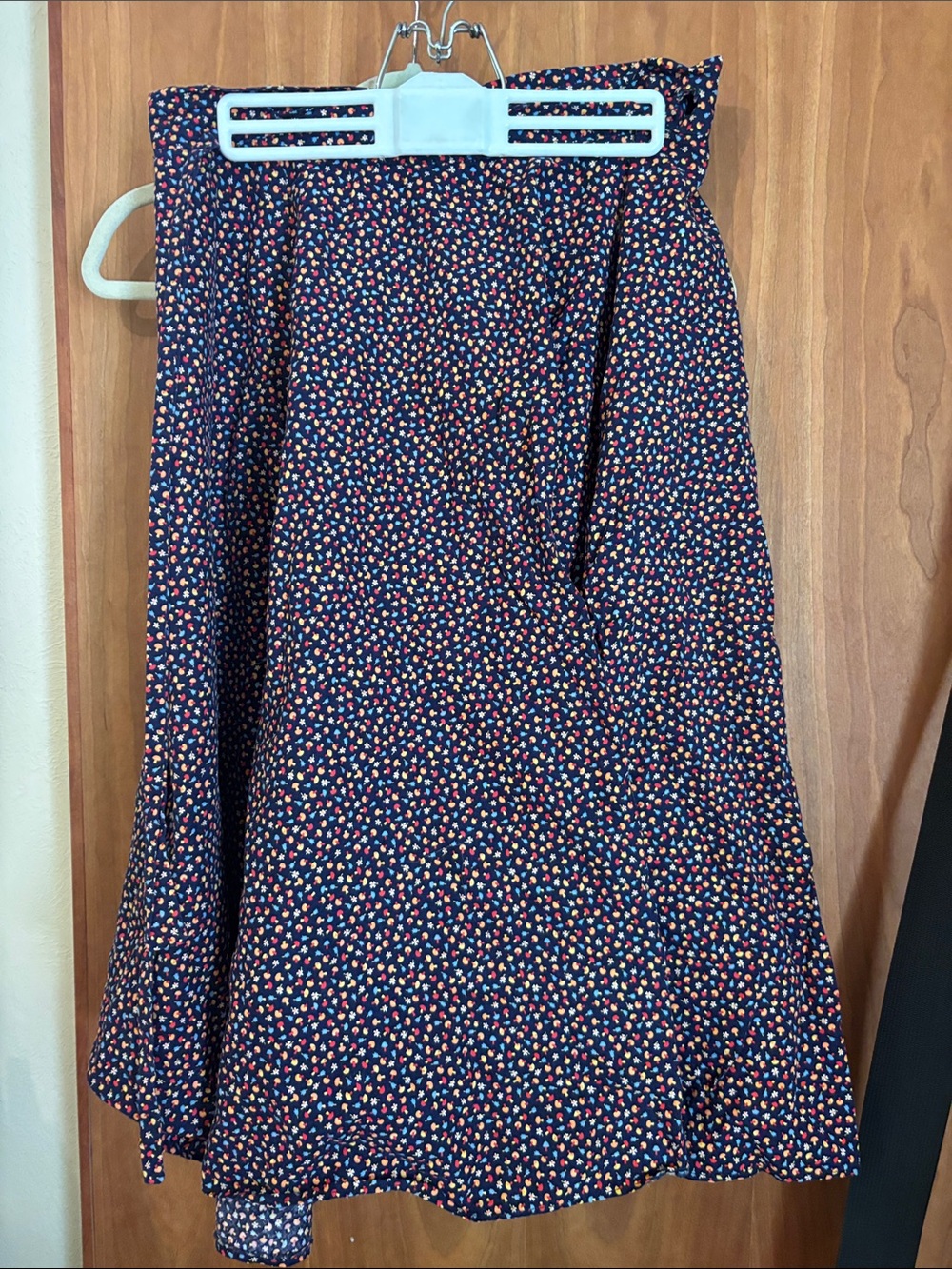 Women's tiny mushroom print navy wrap skirt